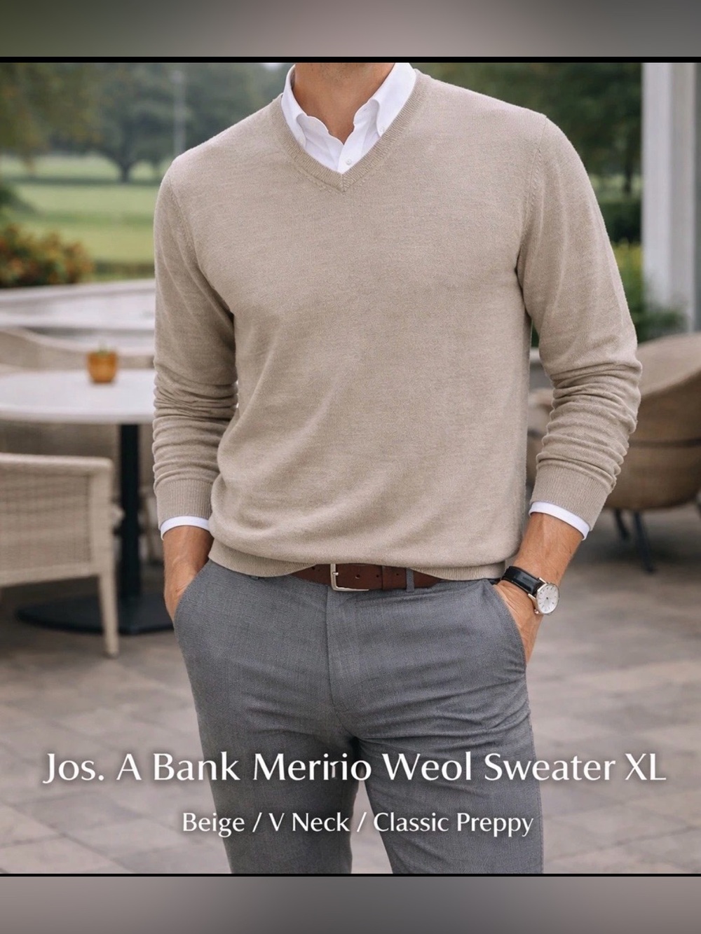 Jos A Bank Travelers Collection Men's XL Tan Merino Wool V Neck Pullover Sweater